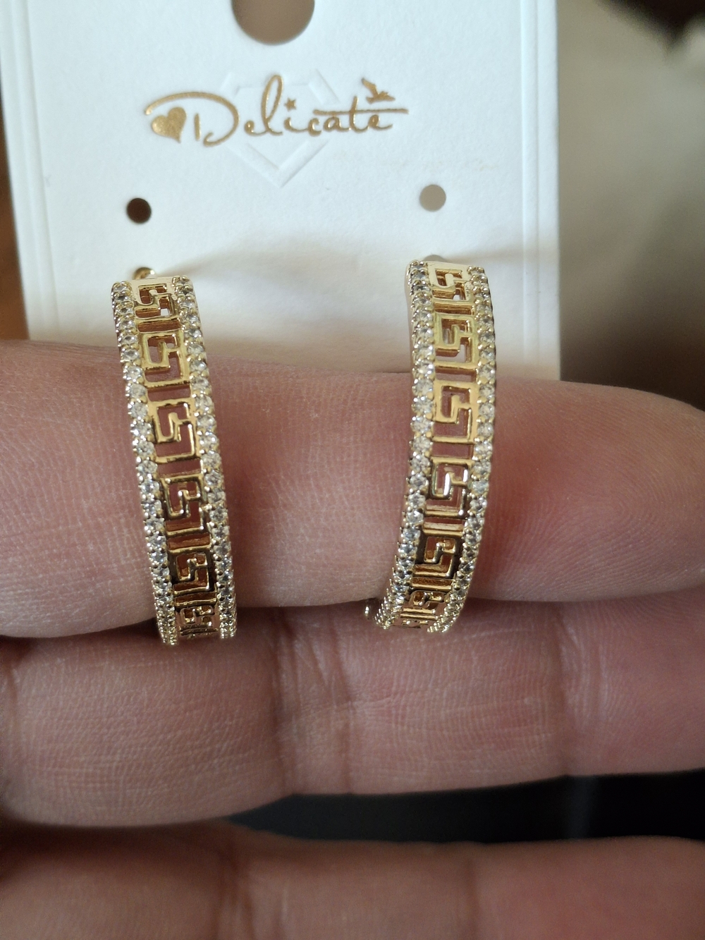 delicates Gold-Tone Greek Key Hoop Earrings with Clear Crystals